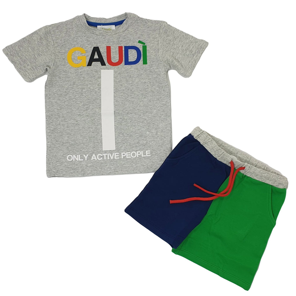 Completo Gaudì bambino con t-shirt con stampa colorata Gaudi e bermuda coordinata