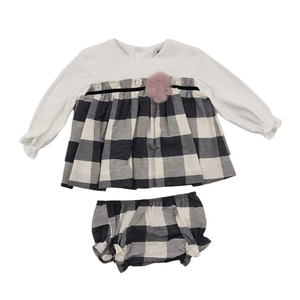 Vestito bambina quadroni grigio bianco con pon pon