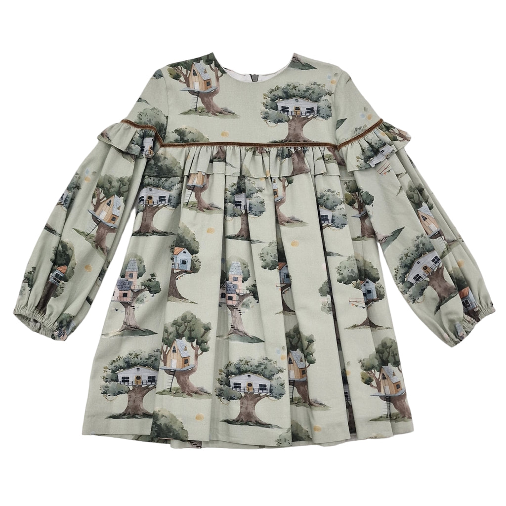 Vestito bambina verde con fantasia case sull'albero