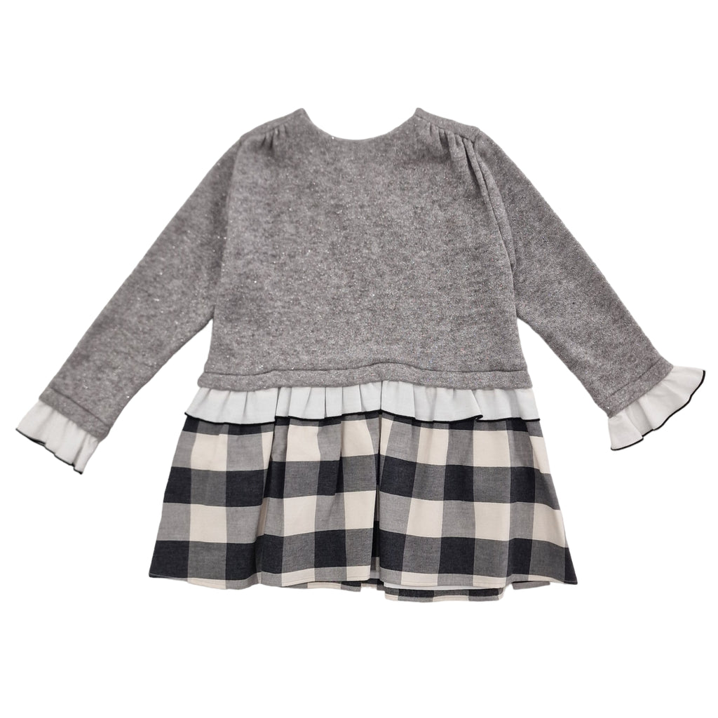 Vestito bambina grigio argento con sotto fantasia quadroni