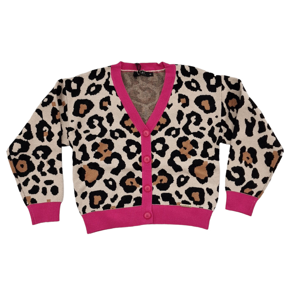 Cardigan bambina maculato con bordo fuxia