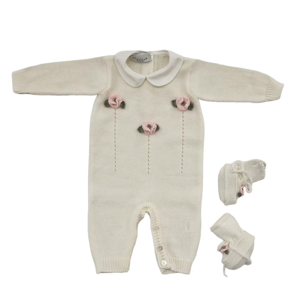 Tutina neonata 100% lana panna con rose applicate comprese babbucce