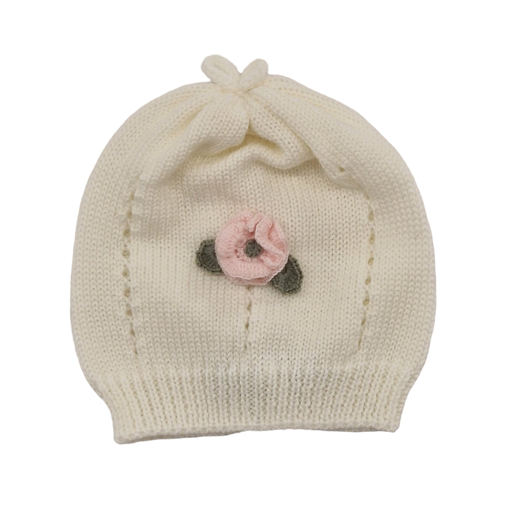 Cappello neonata 100% lana panna con rose applicate