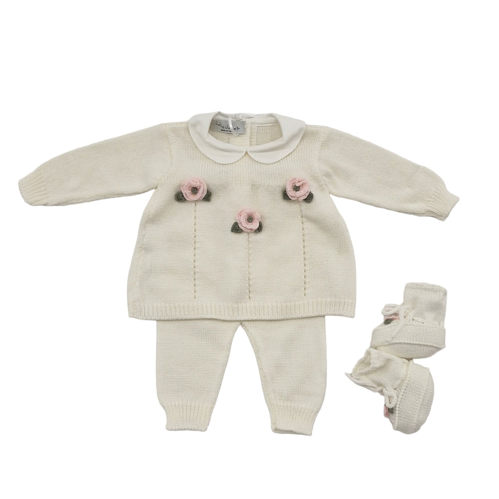 Completo neonata 100% lana panna con rose applicate comprese babbucce