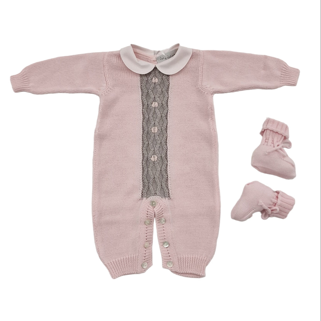Tutina neonata 100% lana rosa con losanghe tortora comprese babbucce