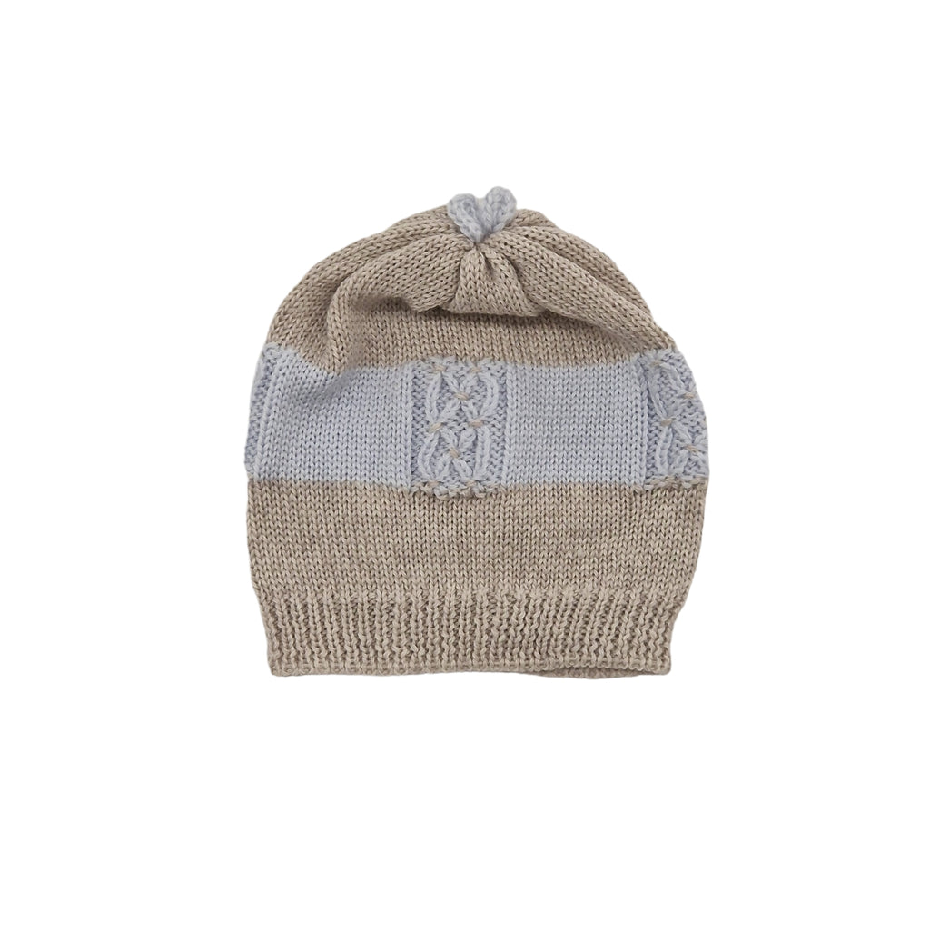 Cappello neonato 100% lana tortora con trecce celesti