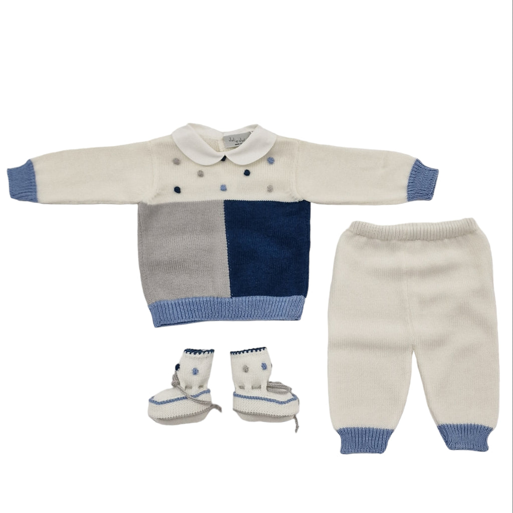 Completo neonato 100% lana fantasia scacchi comprese babbucce