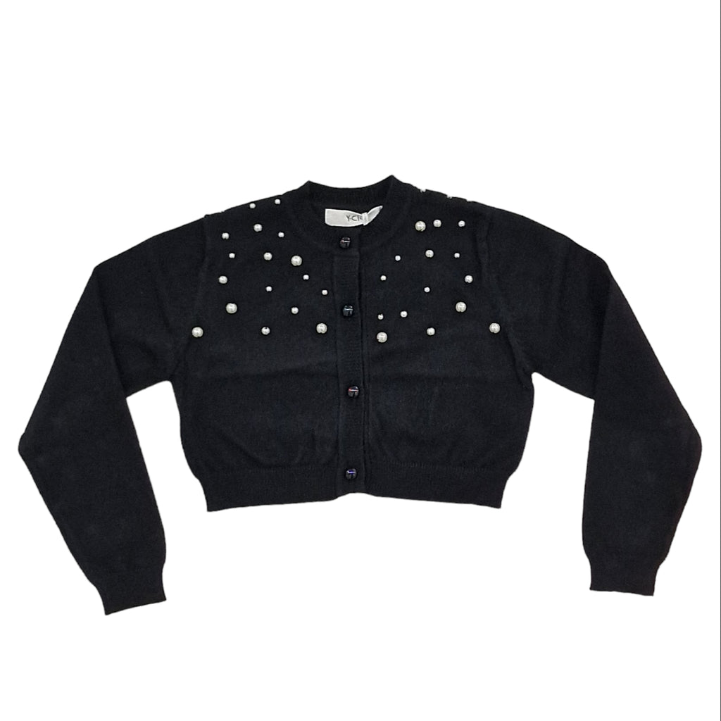 Cardigan bambina nero con perle applicate