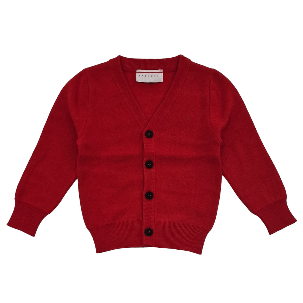 Cardigan bambino rosso con ricamo sul retro