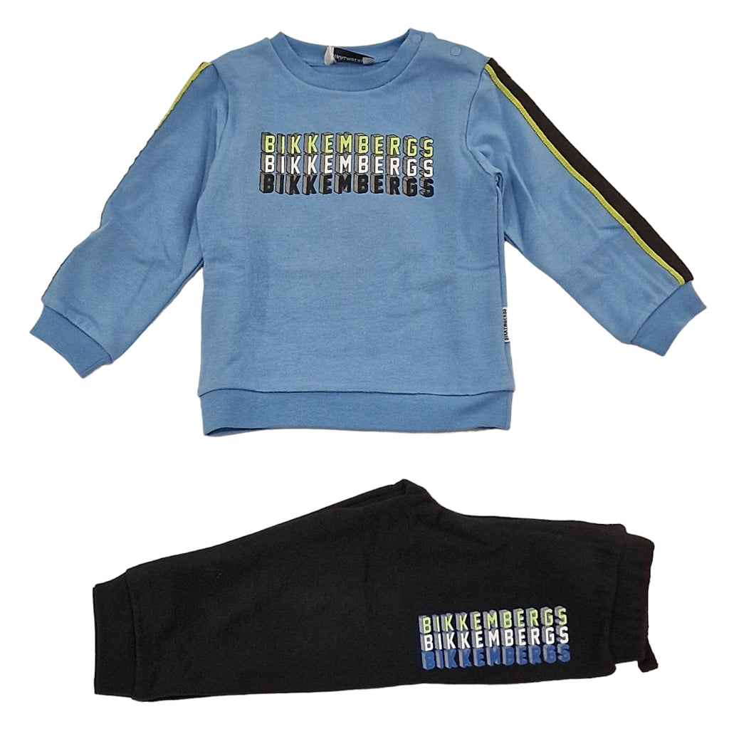 Tuta bambino felpata celeste con multi logo sul davanti