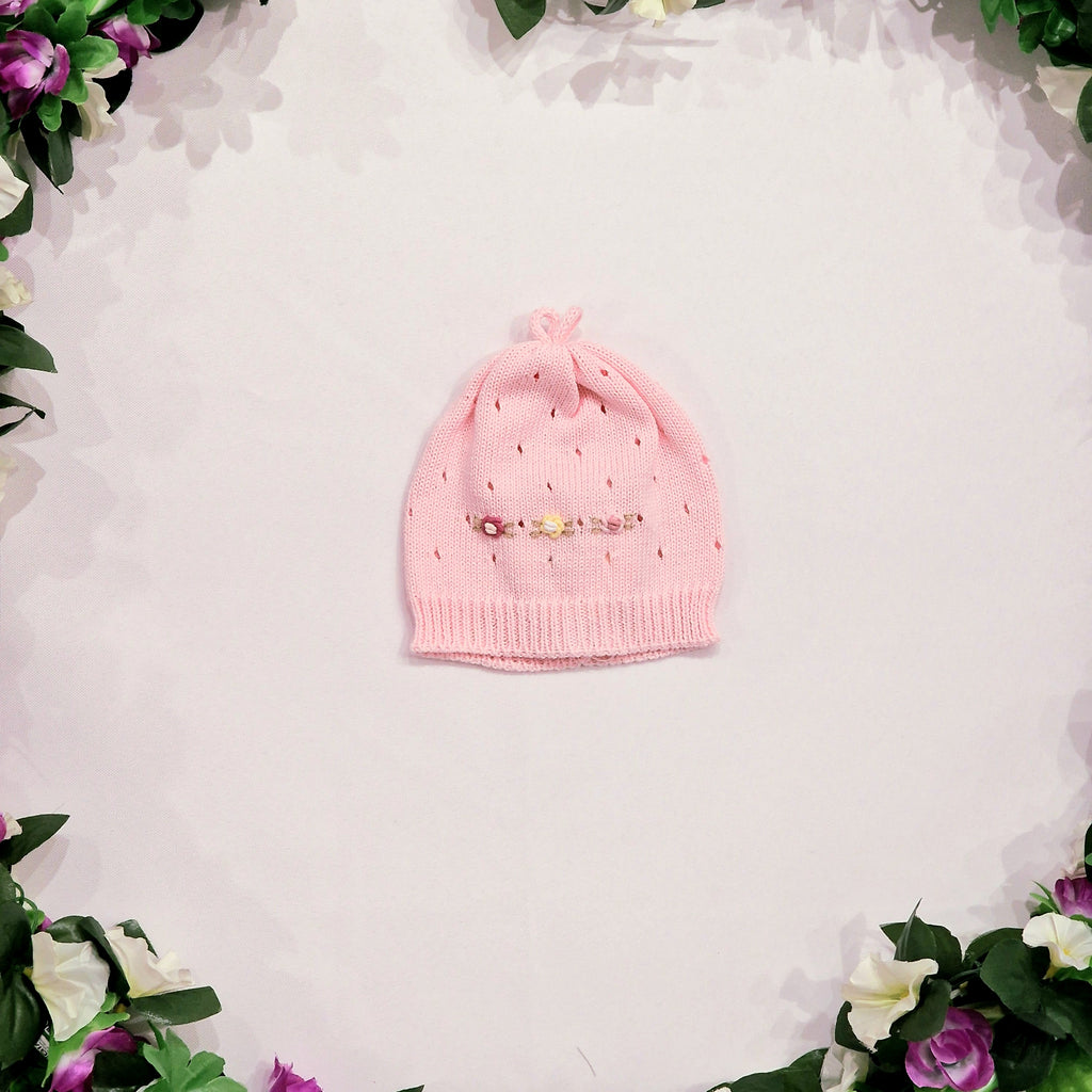 Cappello neonata 100% cotone traforata con ricamo rose