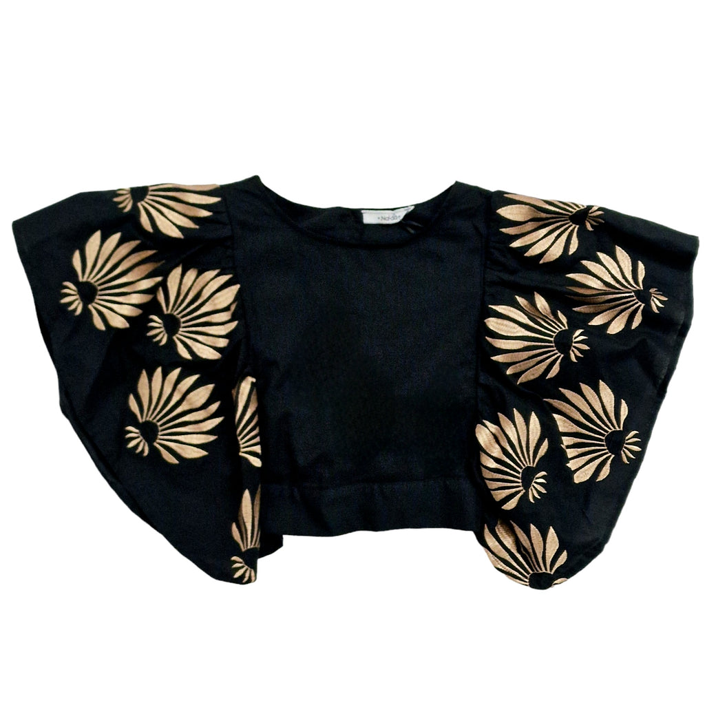 Top bambina nero con ricamo foglie gold