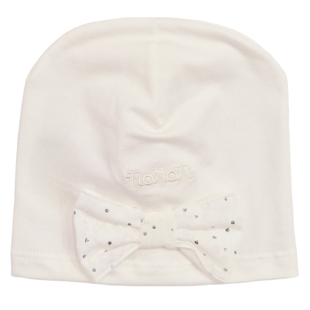 Cappellino cotone neonata bianco con fiocco argento pois