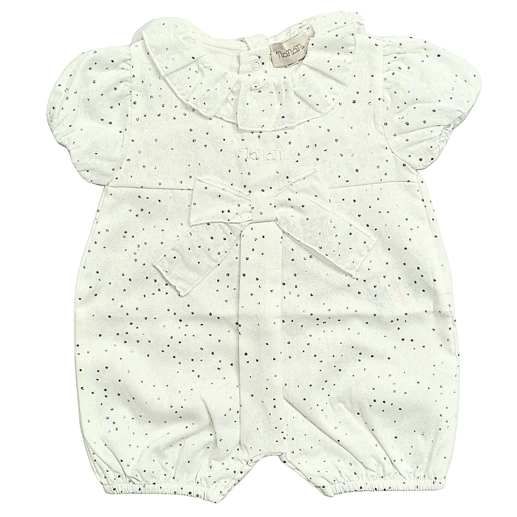 Pagliaccetto bambina in cotone bianco con pois argento