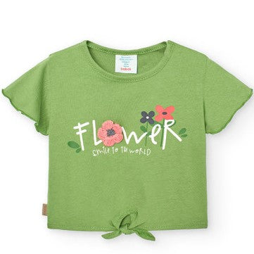 T-shirt bambina verde con ricamo flower