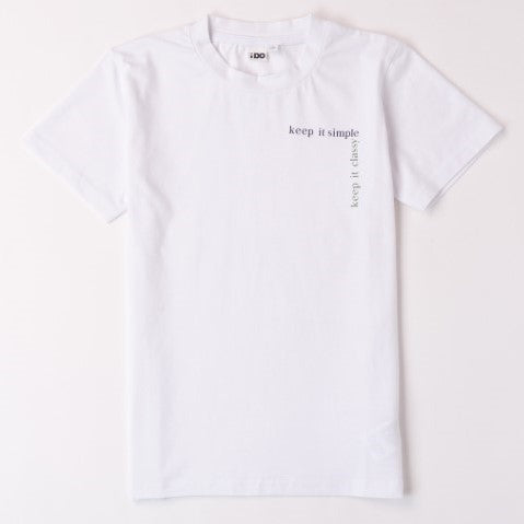 T-shirt bambino bianca con stampa finto taschino in lettere
