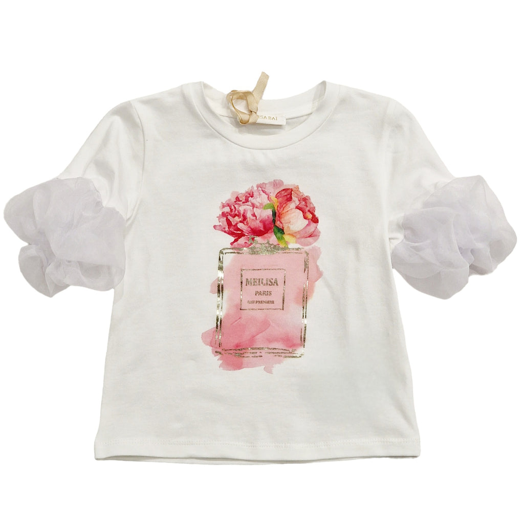 T-shirt con stampa bottiglia di profumo con rosa