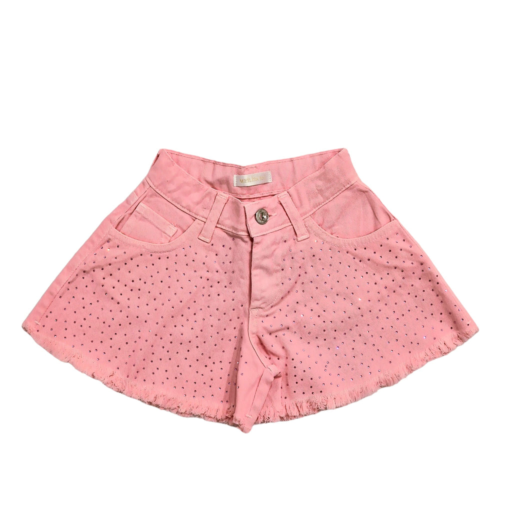Shorts bambina rosa in jeans con strass applicati