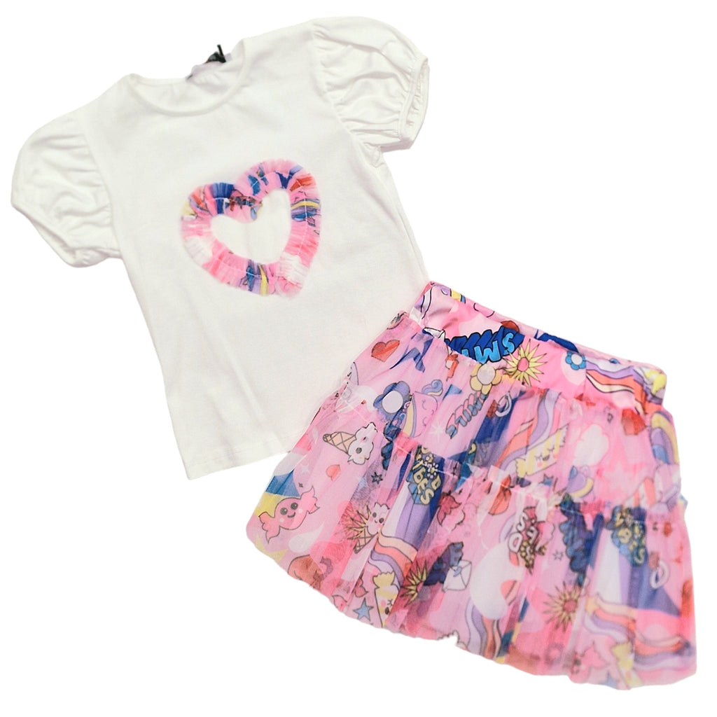 Completo bambina maglia con cuore e gonna fumetti