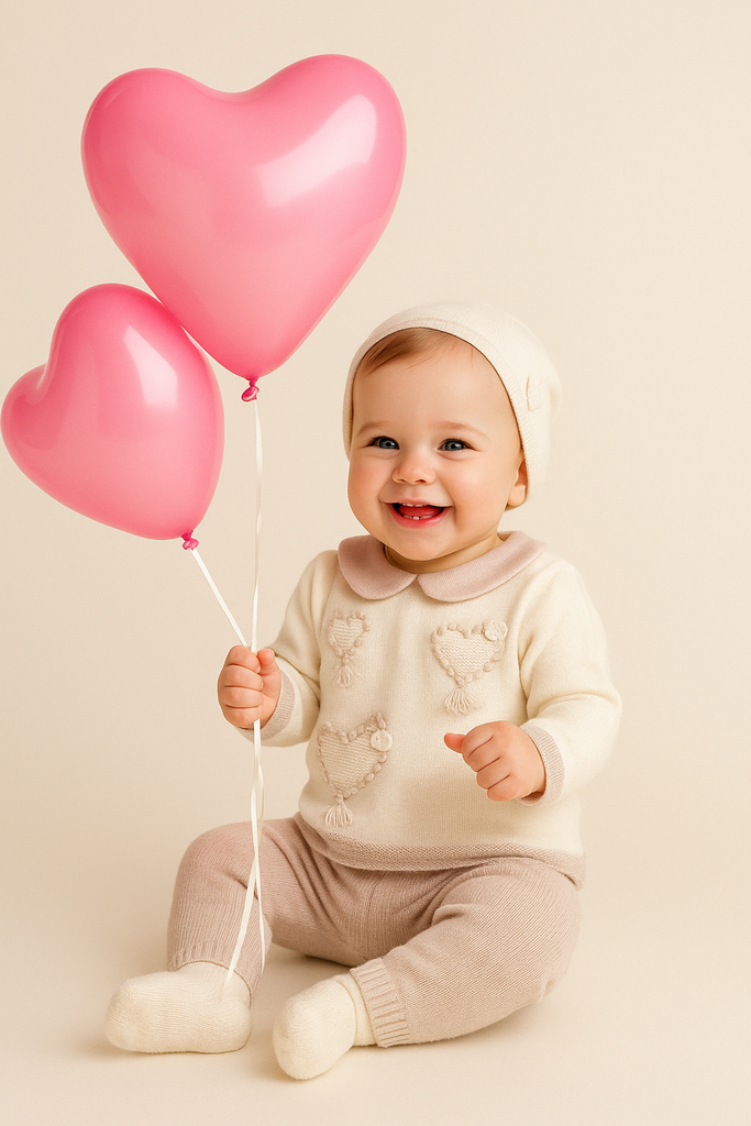Completo neonata 100% lana con cuoricini BIMBALO'