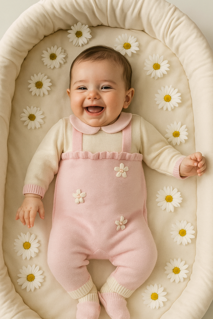 Tutina neonata 100% lana con bretelle e rose applicate