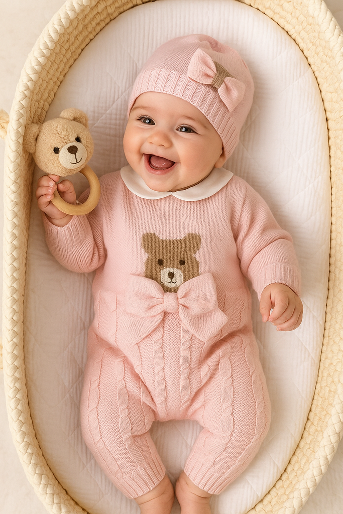 Tutina neonata orsetto e fiocco 100% Lana