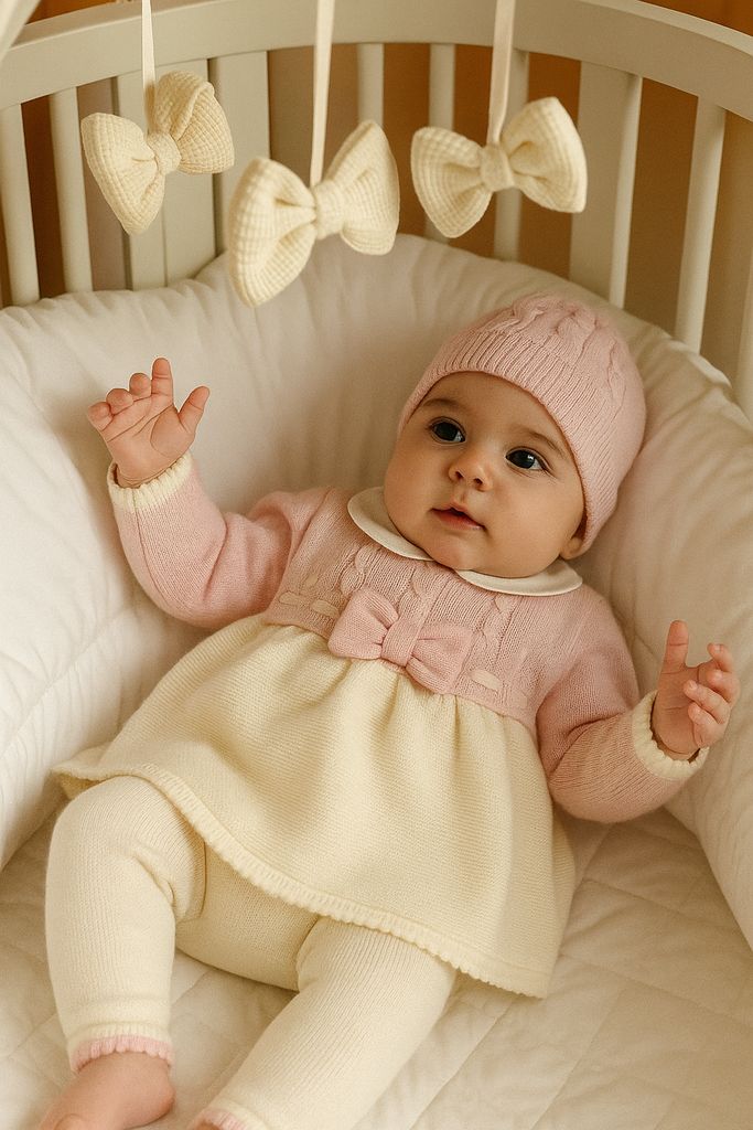 Completo neonata 100% lana con bicolore e trecce