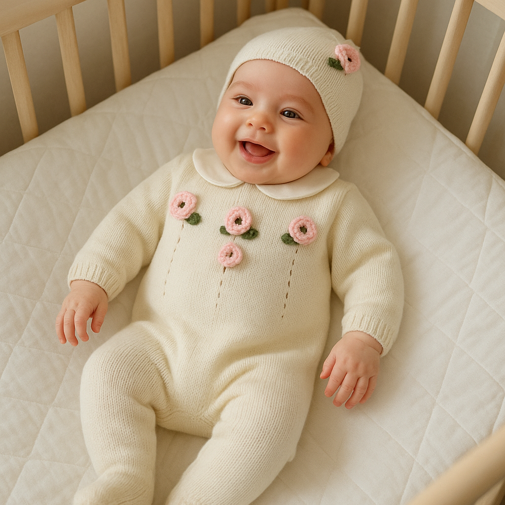 Tutina neonata 100% lana con rose applicate