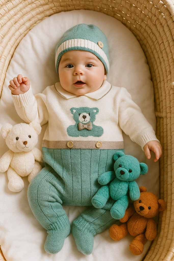 Tutina neonato 100% Lana verde con orsetto