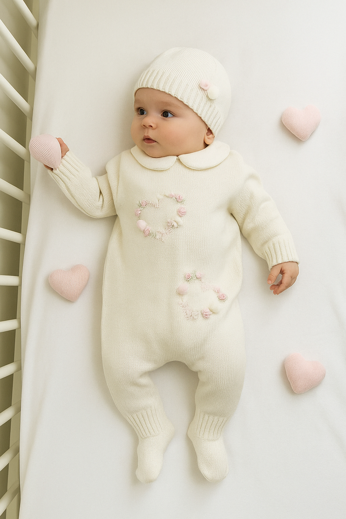 Tutina neonata 100% lana ricamo rose