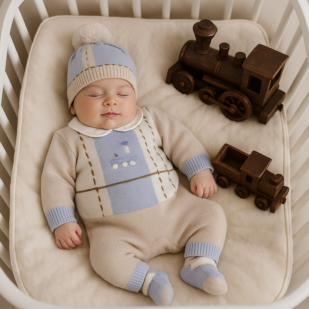 Tutina neonato 100% Lana con trenino e laccetti