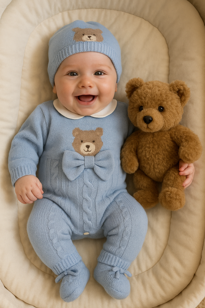 Tutina neonato 100% Lana con orsetto e fiocco
