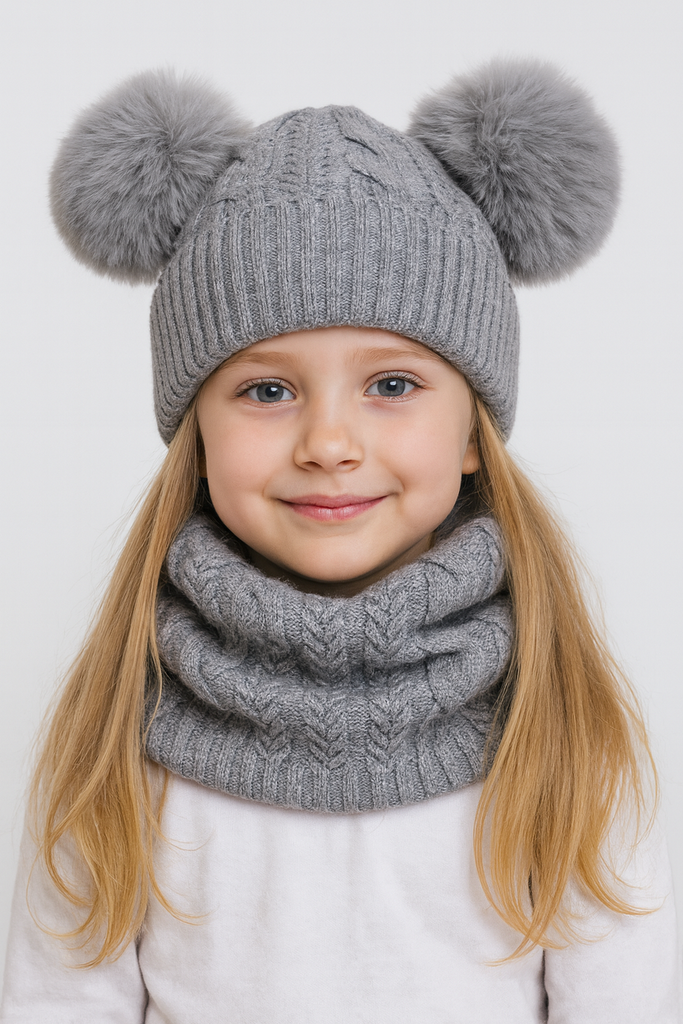 Completo GRIGIO collo e cappello doppio pon pon