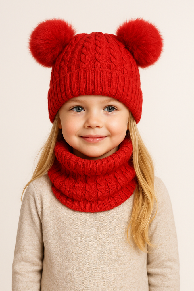 Completo ROSSO collo e cappello doppio pon pon