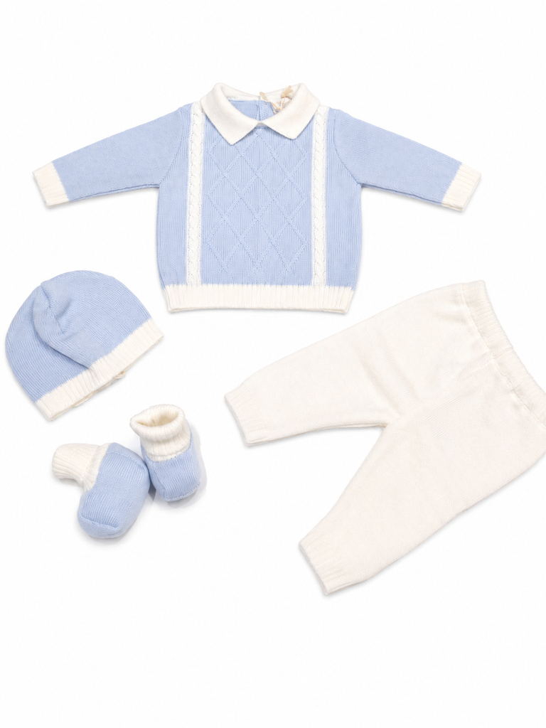 Completo neonato con cappello e babbucce 100% lana con losanghe