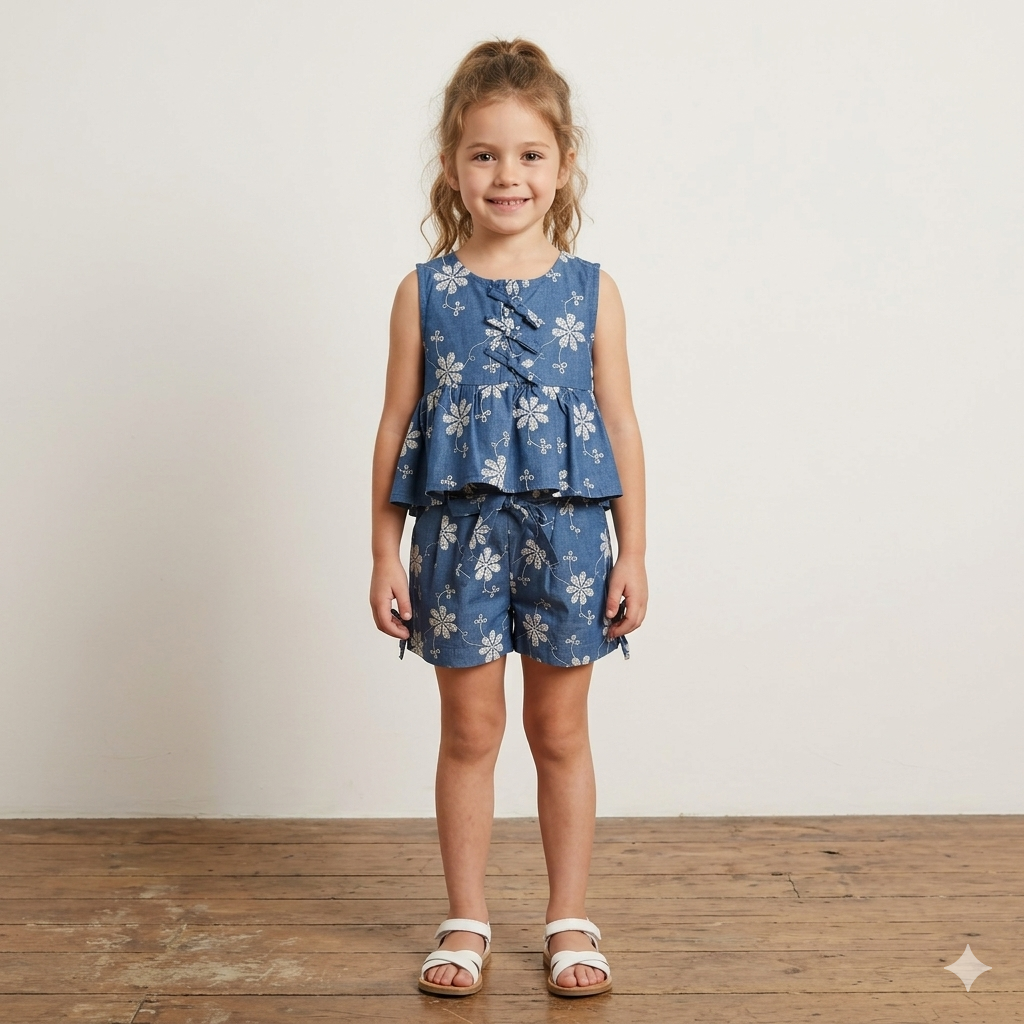 Completo da bambina composto da casacca è short con ricamo