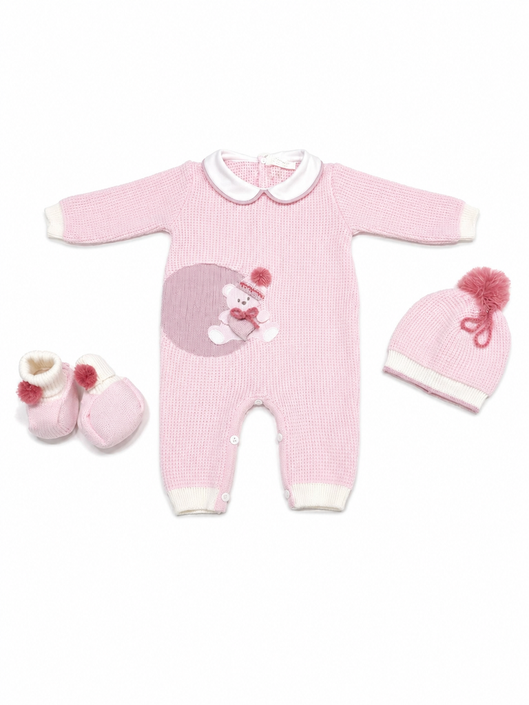 Tutina neonata con cappello e babbucce 100% lana con orsetto cuore