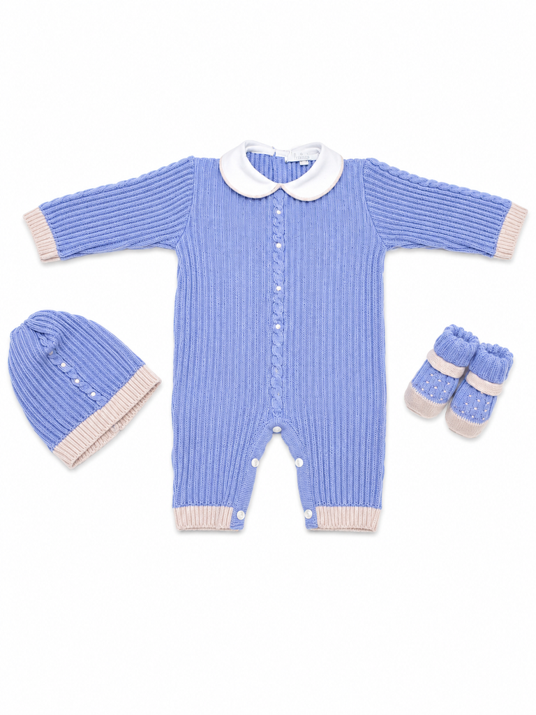 Tutina neonato con cappello e babbucce 100% lana costine con treccia centrale impunturata