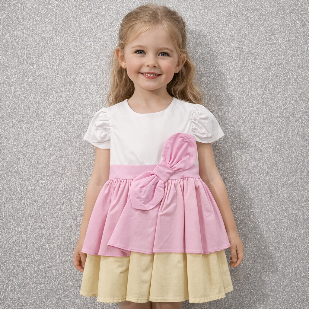 Vestito bambina 3 colori con fiocco sulla cintura trasversale