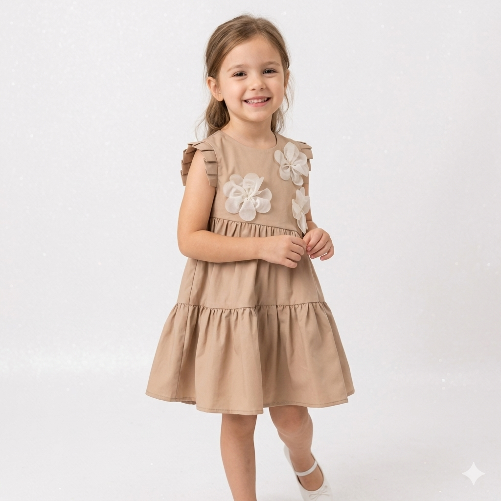 Vestito bambina color biscotto con fiori applicati