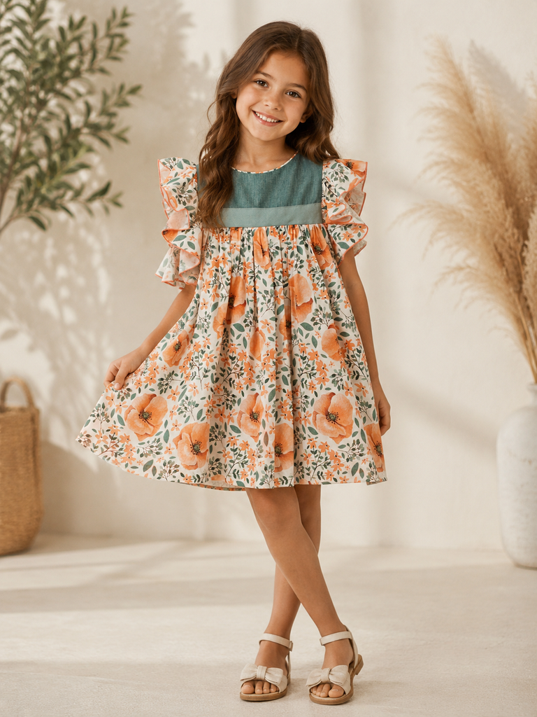 Vestito bambina fiorato tonalità verde arancio