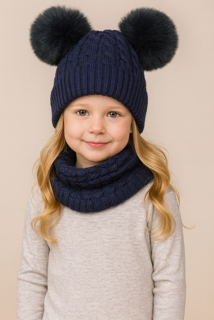 Completo BLU collo e cappello doppio pon pon