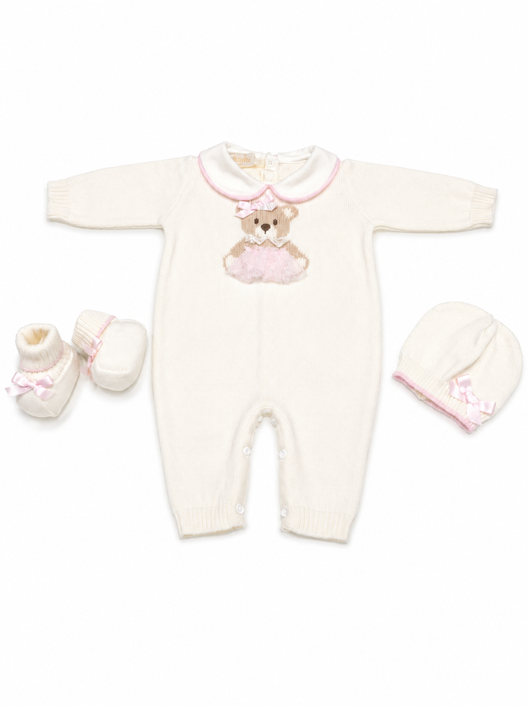 Tutina neonata con cappello e babbucce 100% lana con orsetto gonna ricamato