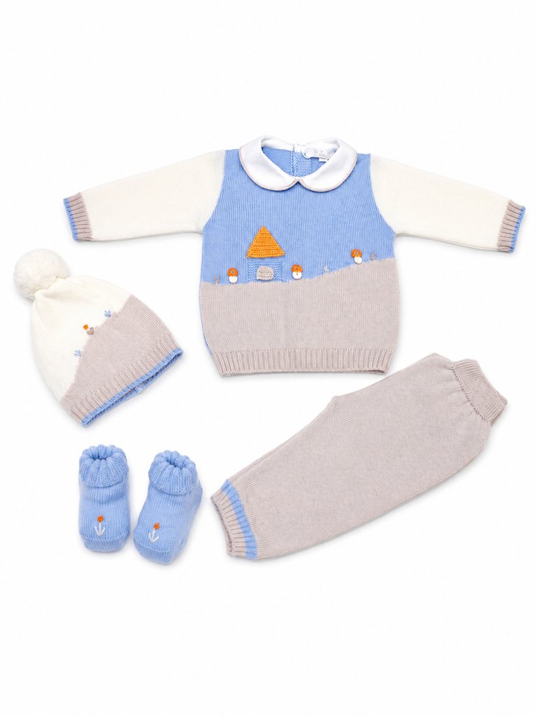 Completo neonato con cappello e babbucce 100% lana ricamo casette