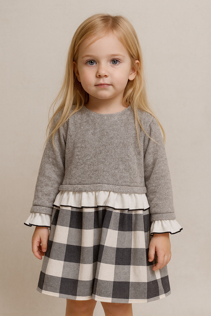 Vestito bambina grigio argento con sotto fantasia quadroni
