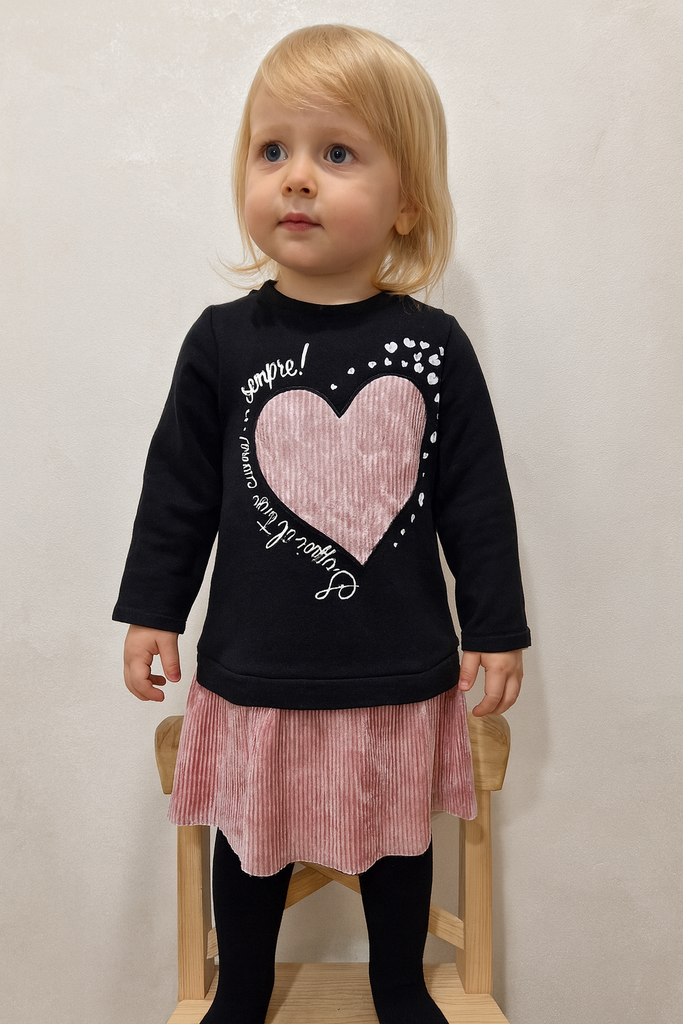 Vestito bambina iDo con stampa cuore e gonna plissettata applicata