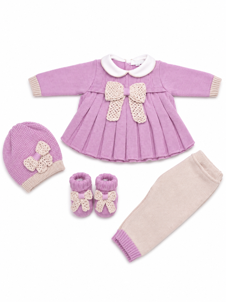 Completo neonata con cappello e babbucce 100% lana con fiocco a contrasto