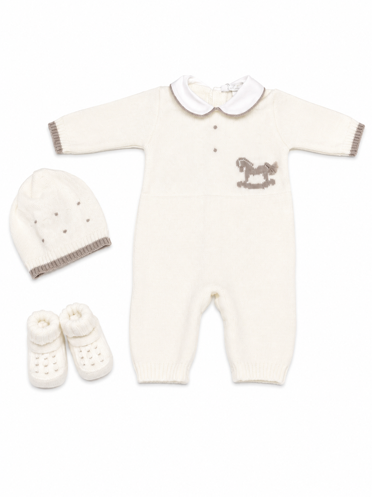 Tutina neonato con cappello e babbucce 100% lana tema cavallino