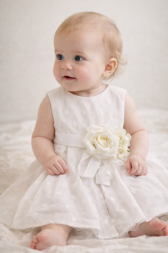 Battesimo Bambina bianco con pois e scarpe coordinate