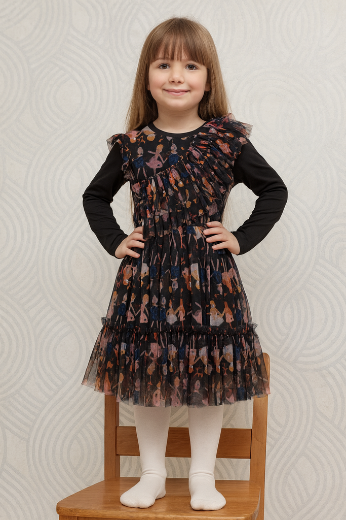 Vestito bambina a balze in tulle stampa bambini